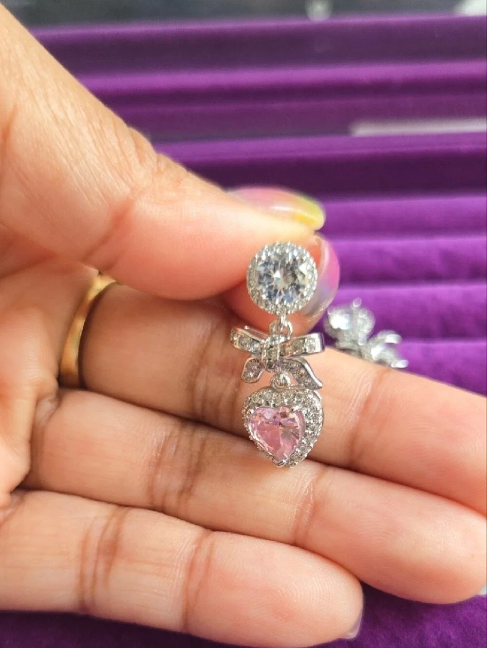 Sterling Silver Bow Drop Earrings with Pink Moissanite